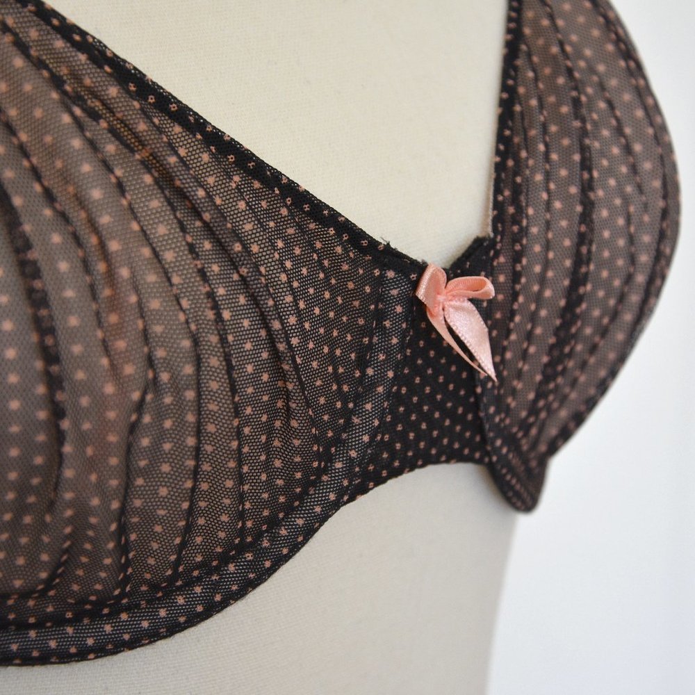 Lands' End Sheer Black Pink Swiss Dot Satin Bow Bra 34C